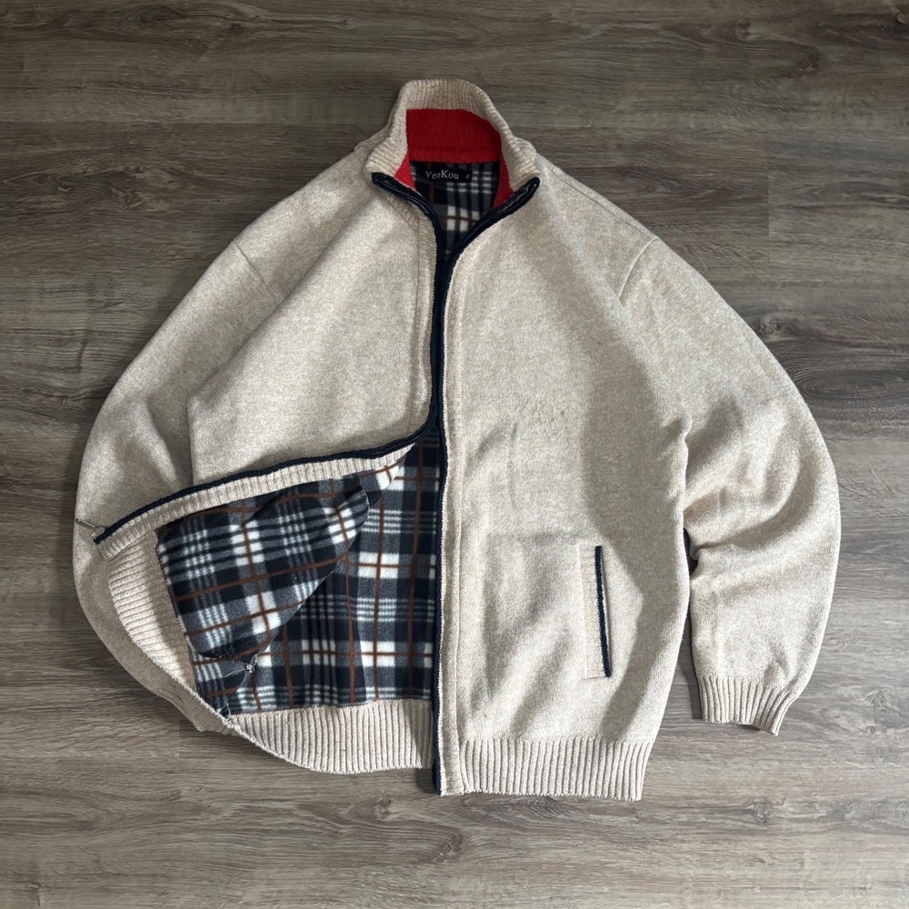Beige Cashmere Wool Cotton knit Full Zip Plaid Lined Sweater Jacket Yeokou